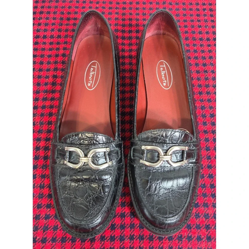 Talbots Croc Embossed Black leather Loafers w/ Metal Horsebit Buckle Wom 7.5B